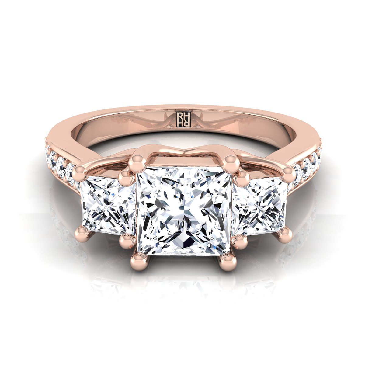 14K Rose Gold Princess Cut Diamond Three Stone Classic with Channel French Pave Engagement Ring -3/4ctw