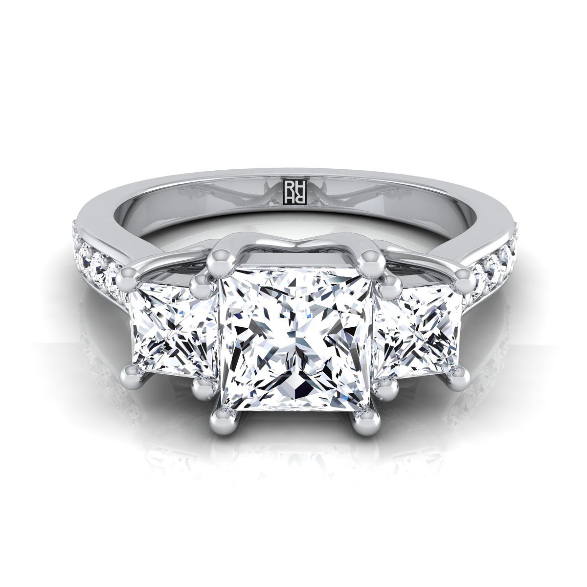 18K White Gold Princess Cut Diamond Three Stone Classic with Channel French Pave Engagement Ring -3/4ctw