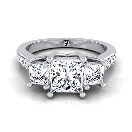 Channel Pavé Three Stone Princess, in 18K White Gold, pave setting | RockHer