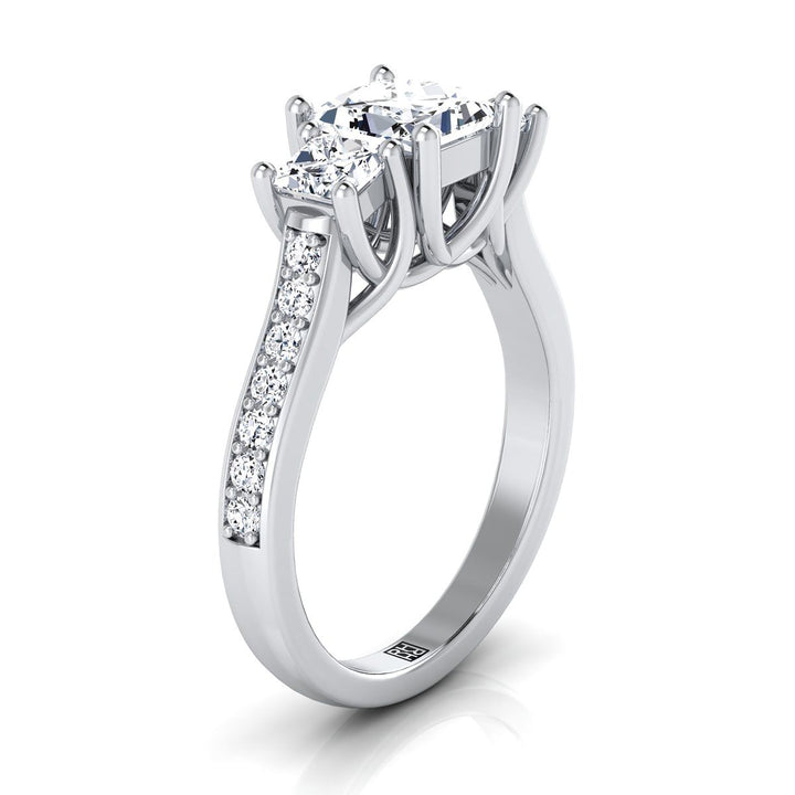 Platinum Princess Cut Diamond Three Stone Classic with Channel French Pave Engagement Ring -3/4ctw