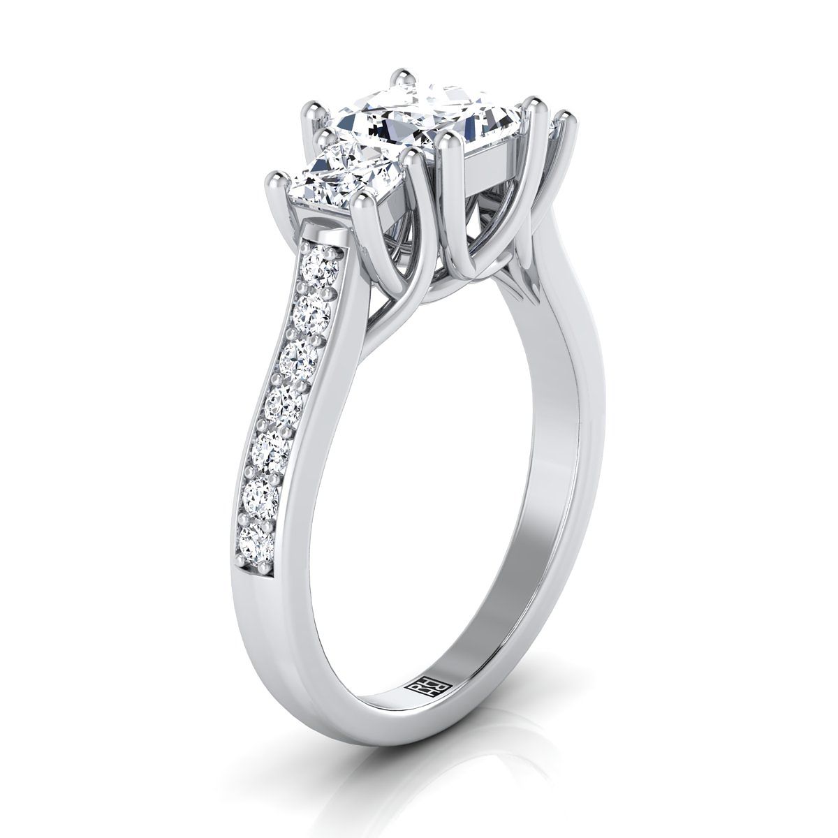18K White Gold Princess Cut Diamond Three Stone Classic with Channel French Pave Engagement Ring -3/4ctw