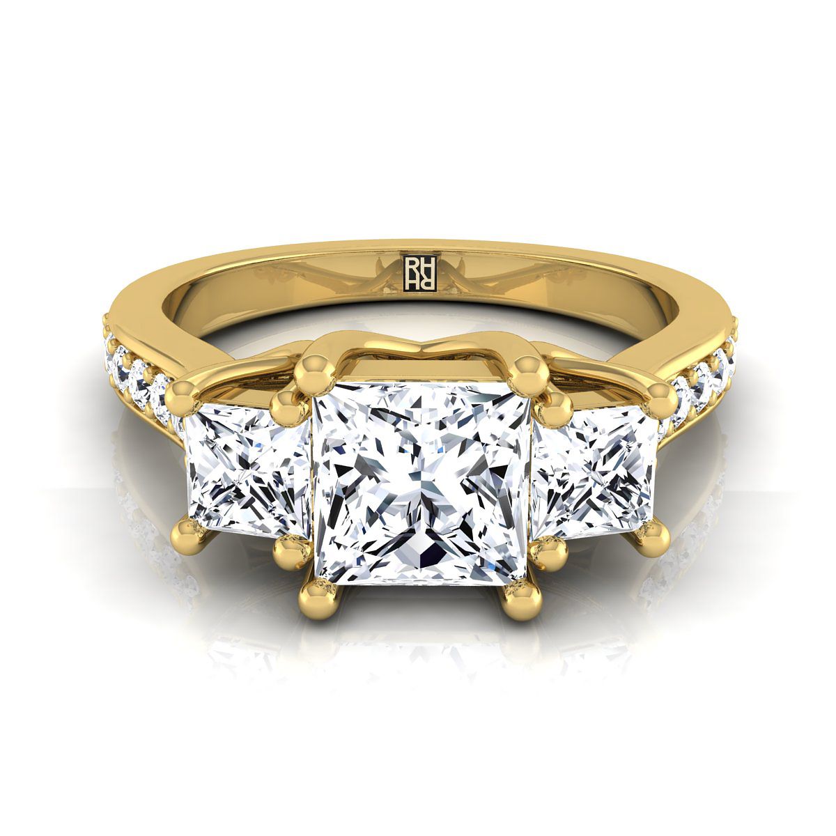Channel Pavé Three Stone Princess, in 18K Yellow Gold, pave setting | RockHer