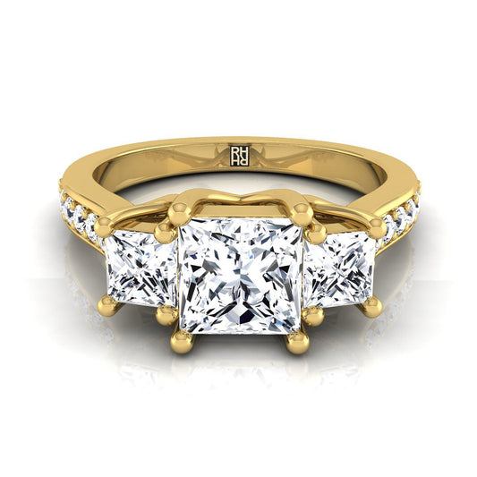 Channel Pavé Three Stone Princess, in 18K Yellow Gold, pave setting | RockHer