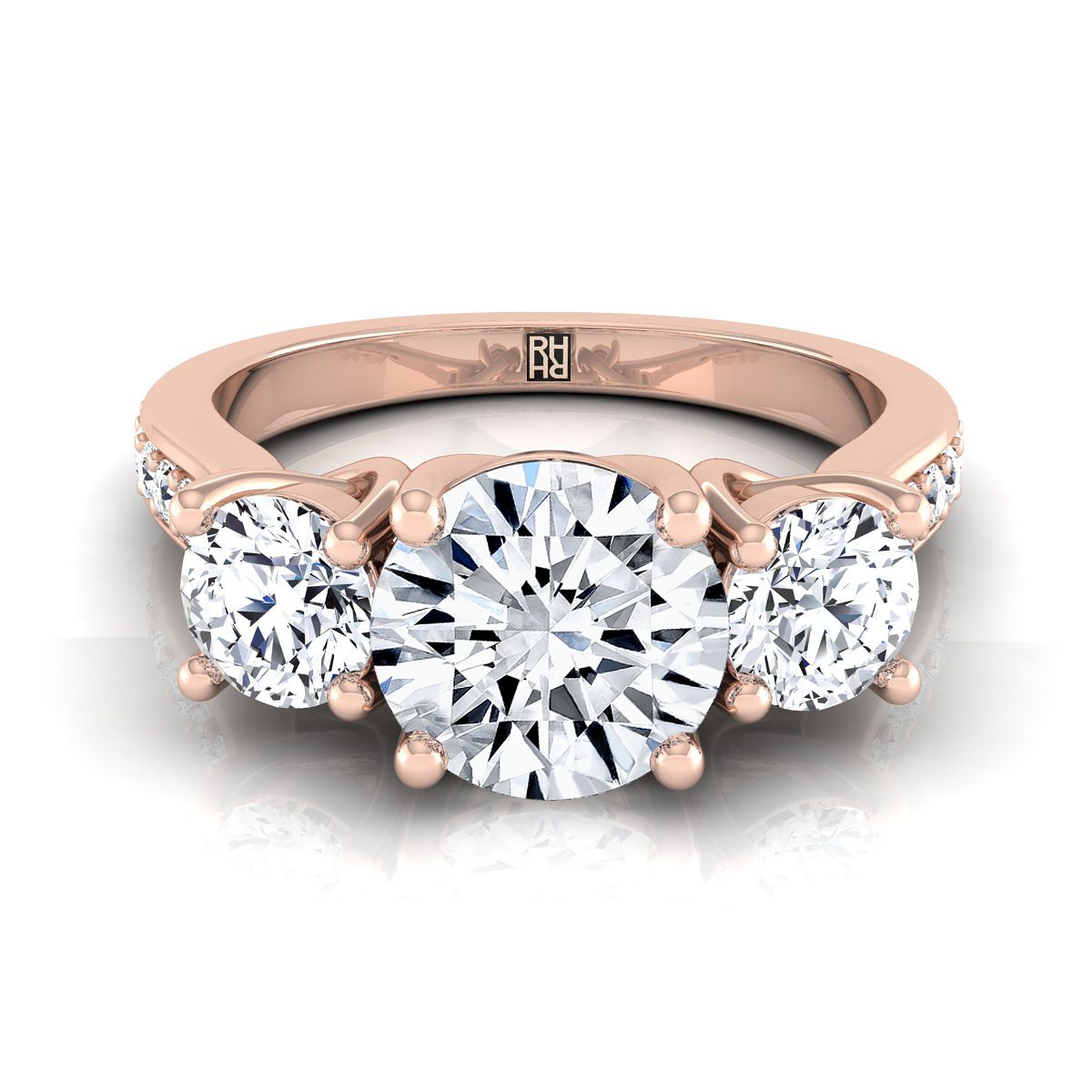 Round Brilliant, Channel Pavé Three Stone, in 14K Rose Gold, pave setting – view 8 | RockHer