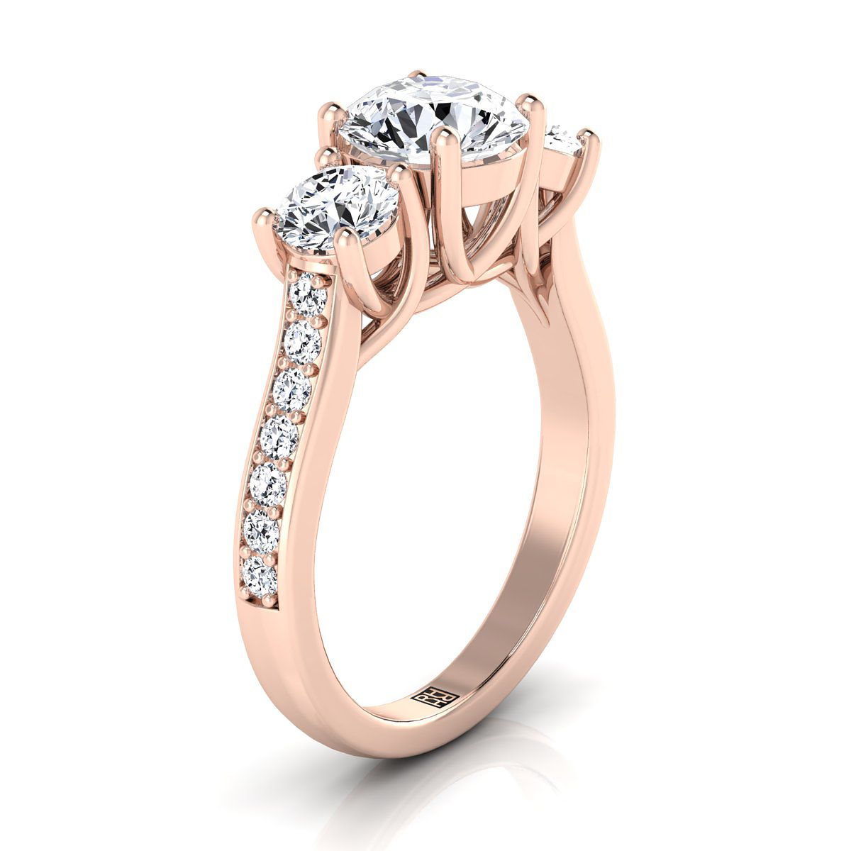 Round Brilliant, Channel Pavé Three Stone, in 14K Rose Gold, pave setting – view 9 | RockHer