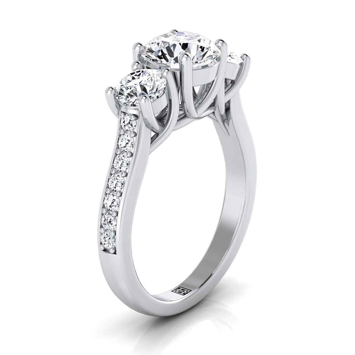 14K White Gold Round Brilliant Diamond Three Stone Classic with Channel French Pave Engagement Ring -7/8ctw