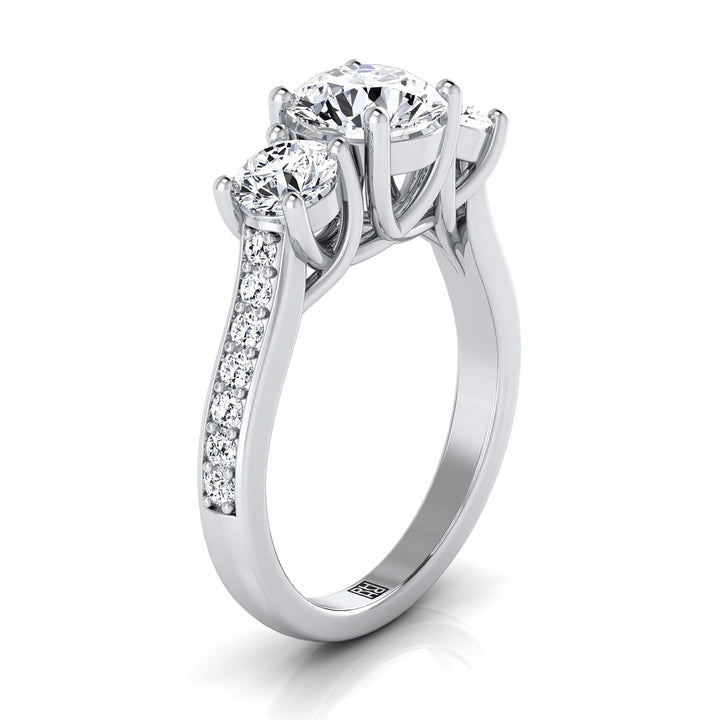 14K White Gold Round Brilliant Diamond Three Stone Classic with Channel French Pave Engagement Ring -7/8ctw