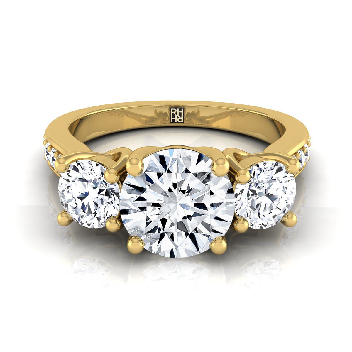 14K Yellow Gold Round Brilliant Diamond Three Stone Classic with Channel French Pave Engagement Ring -7/8ctw