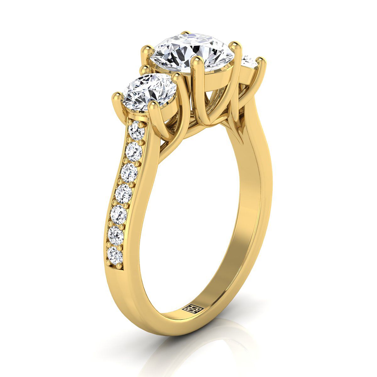 14K Yellow Gold Round Brilliant Diamond Three Stone Classic with Channel French Pave Engagement Ring -7/8ctw