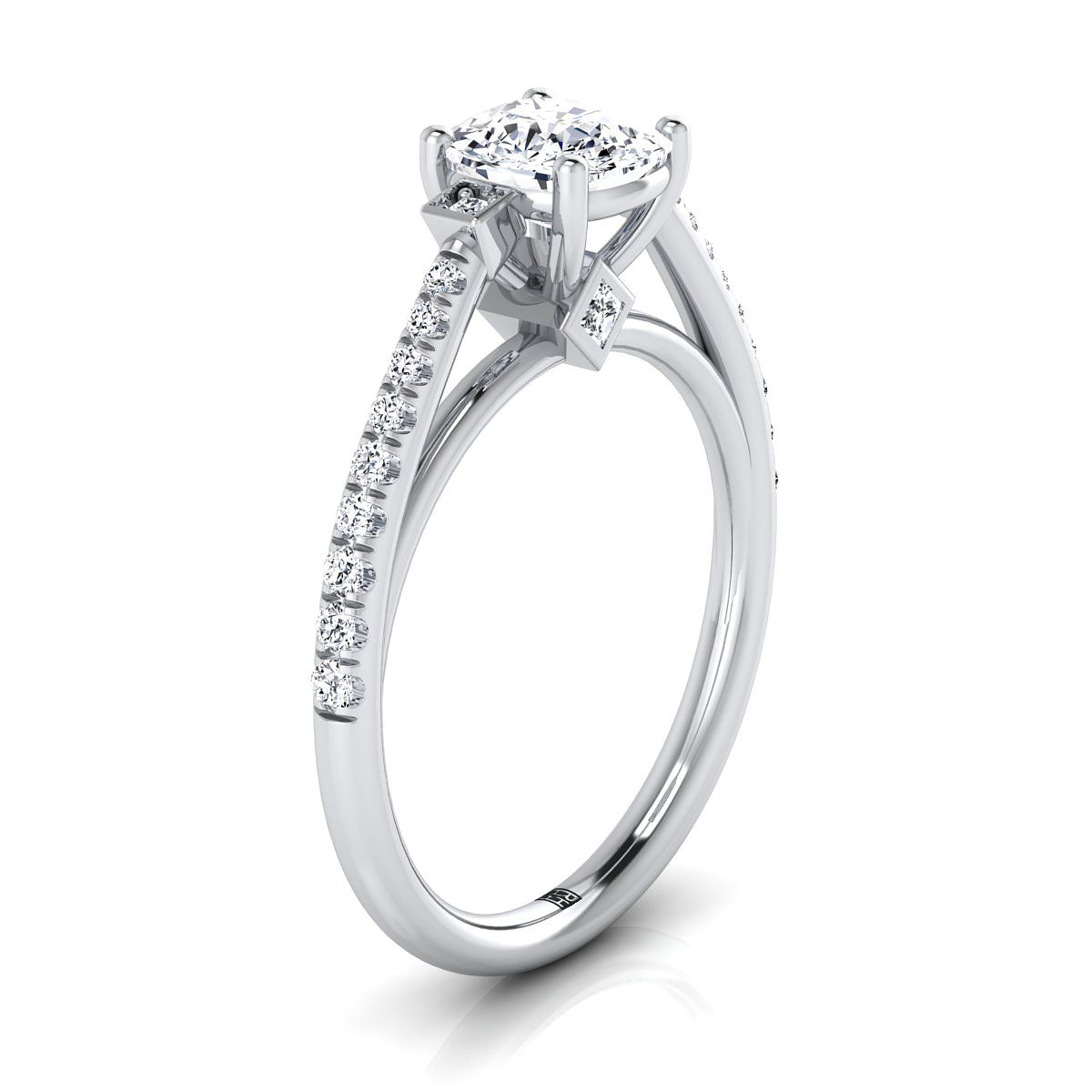 Delicate Split Shank Pavé Cushion, in Platinum, pave setting – side profile | RockHer
