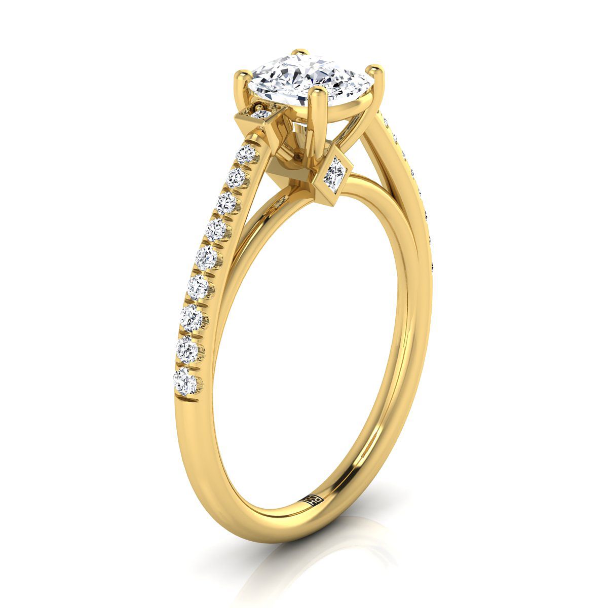 Delicate Split Shank Pavé Cushion, in 18K Yellow Gold, pave setting – side profile | RockHer
