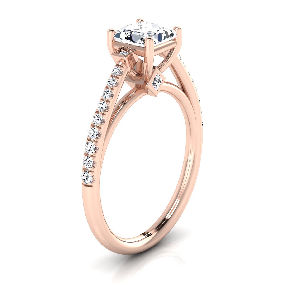 Delicate Split Shank Pavé Princess, in 14K Rose Gold, pave setting – side profile | RockHer