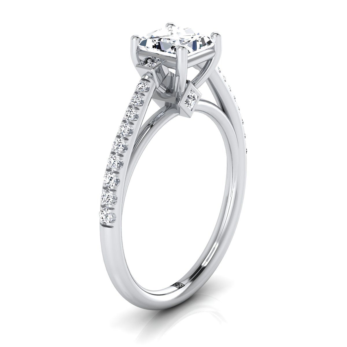 Delicate Split Shank Pavé Princess, in 18K White Gold, pave setting – side profile | RockHer