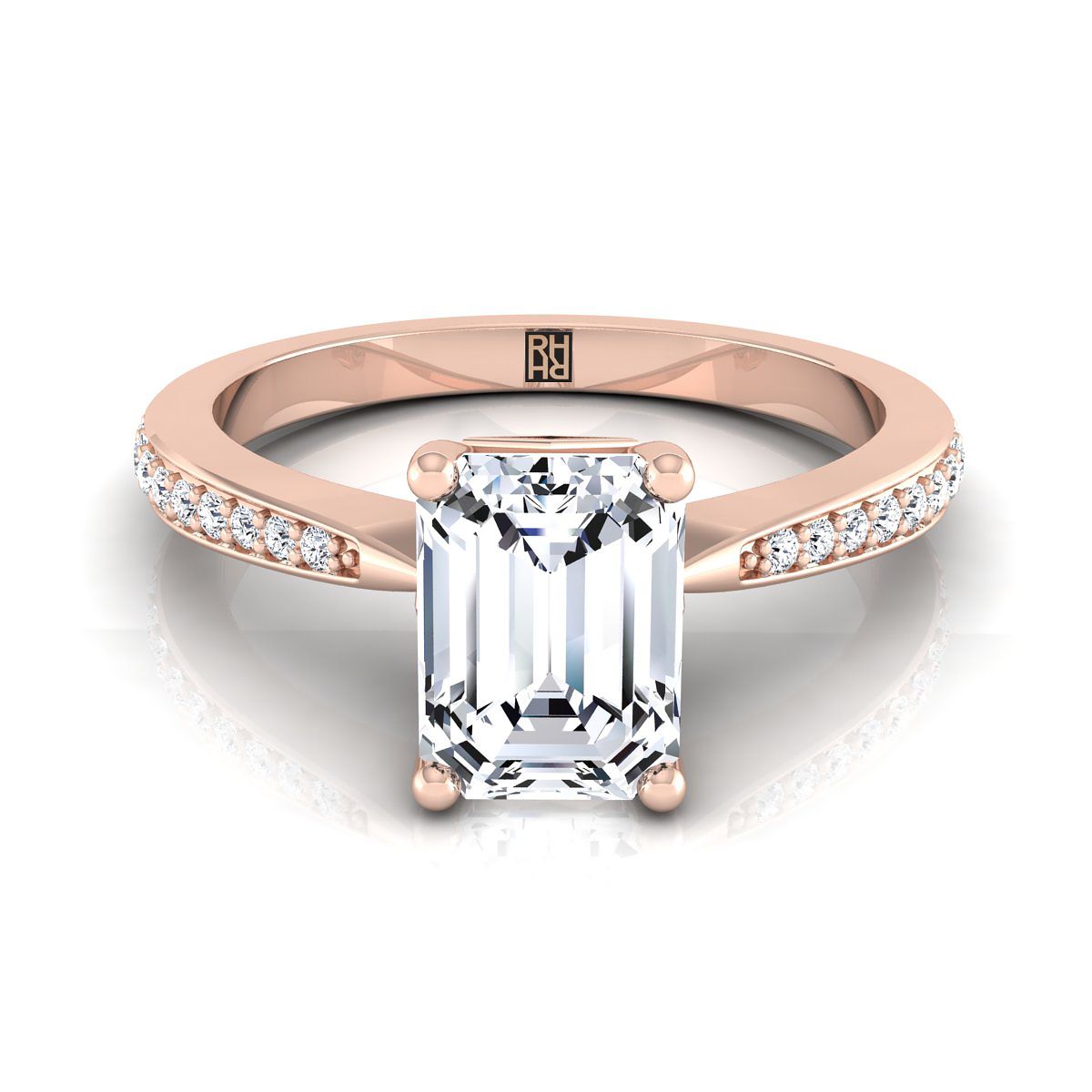 14K Rose Gold Emerald Cut Diamond Tapered Pave Engagement Ring -1/8ctw