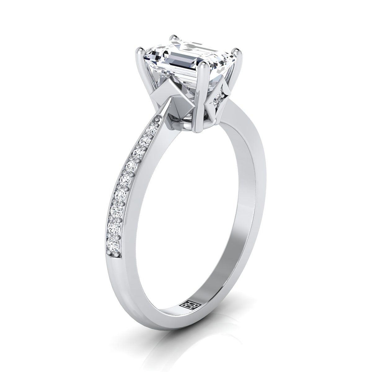 แหวนหมั้นเพชรทรงสี่เหลี่ยมมรกตแบบเรียวประดับเพชรปาเว่ทองคำขาว 14K - 1/8ctw