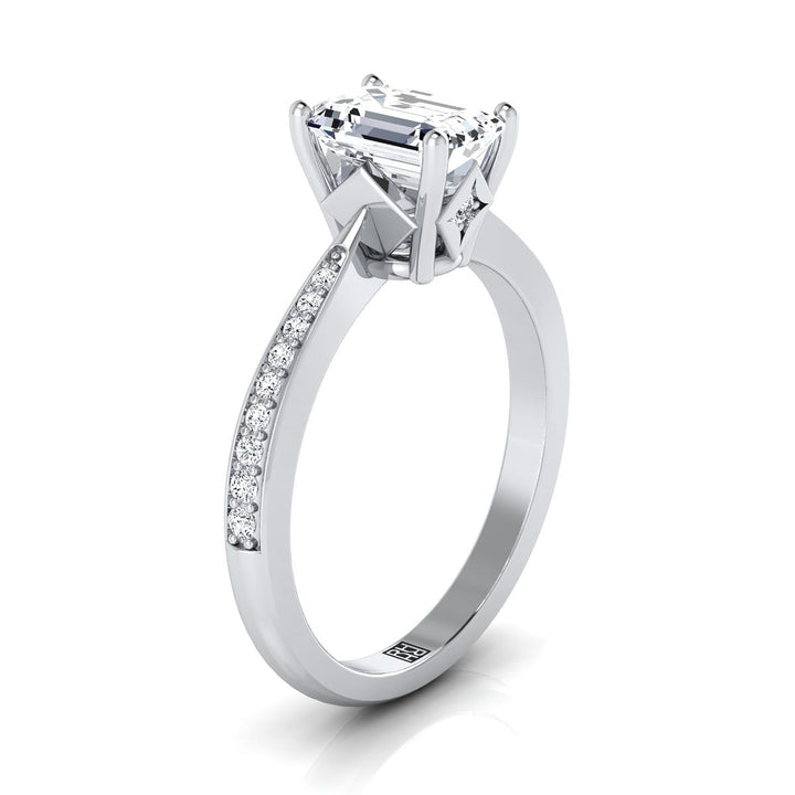 แหวนหมั้นเพชรทรงสี่เหลี่ยมมรกตแบบเรียวประดับเพชรปาเว่ทองคำขาว 14K - 1/8ctw