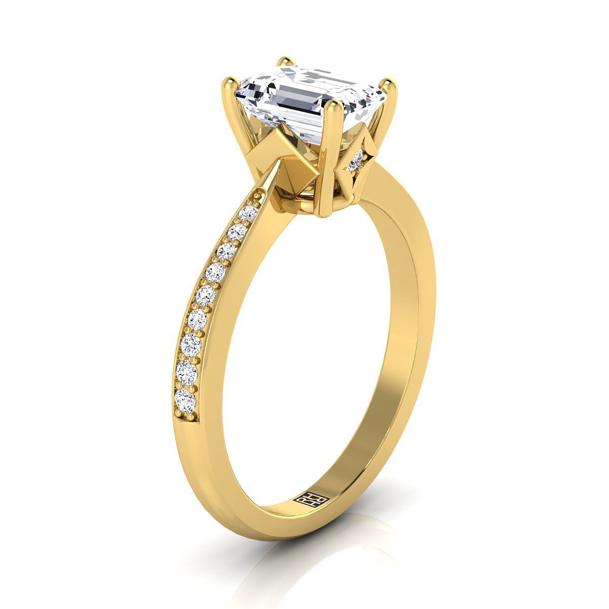 European Cut, Tapered Pavé Emerald, in 18K Yellow Gold, pave setting – side profile | RockHer