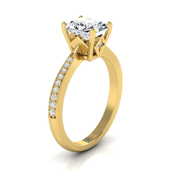 14K Yellow Gold Radiant Cut Center Diamond Tapered Pave Engagement Ring -1/8ctw