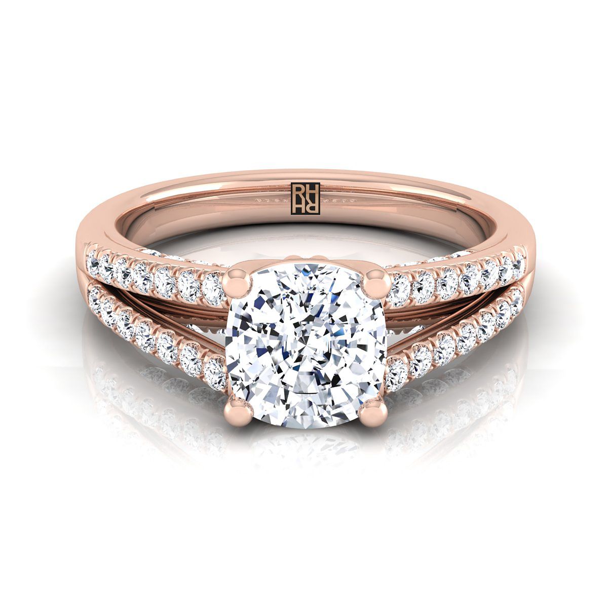 Split Shank French Pavé Cushion, in 14K Rose Gold, pave setting | RockHer