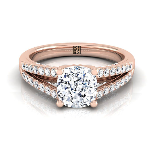 Split Shank French Pavé Cushion, in 14K Rose Gold, pave setting | RockHer