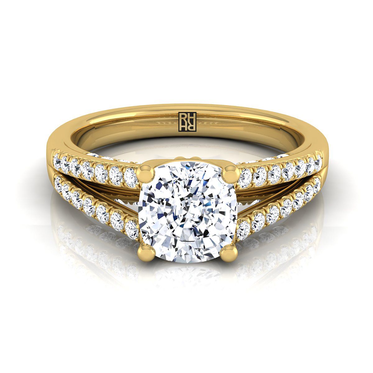 Split Shank French Pavé Cushion, in 18K Yellow Gold, pave setting | RockHer