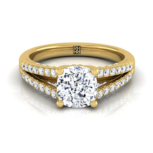 Split Shank French Pavé Cushion, in 18K Yellow Gold, pave setting | RockHer