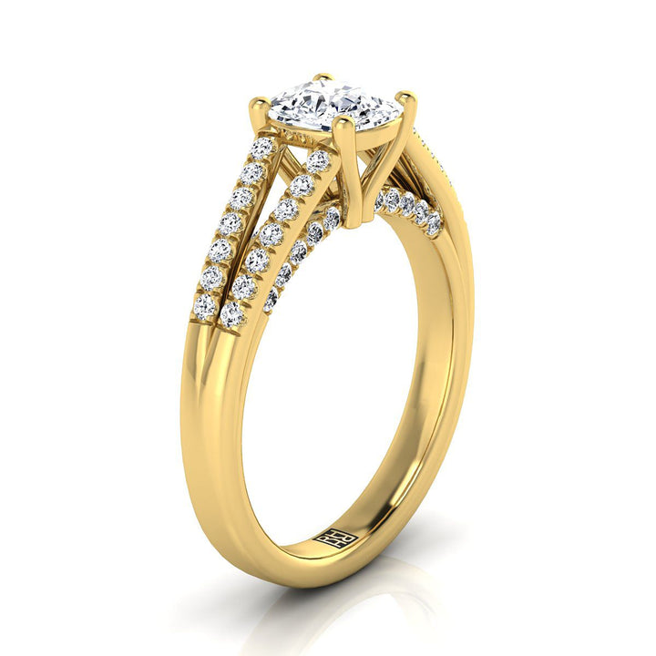 Split Shank French Pavé Cushion, in 18K Yellow Gold, pave setting – side profile | RockHer