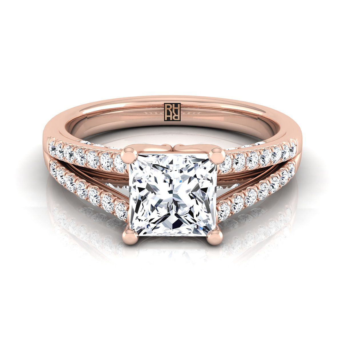 Split Shank French Pavé Princess, in 14K Rose Gold, pave setting | RockHer