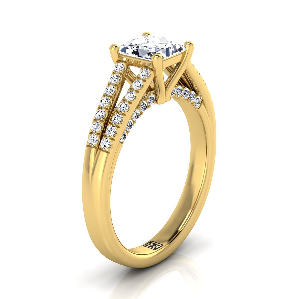 Split Shank French Pavé Princess, in 18K Yellow Gold, pave setting – side profile | RockHer