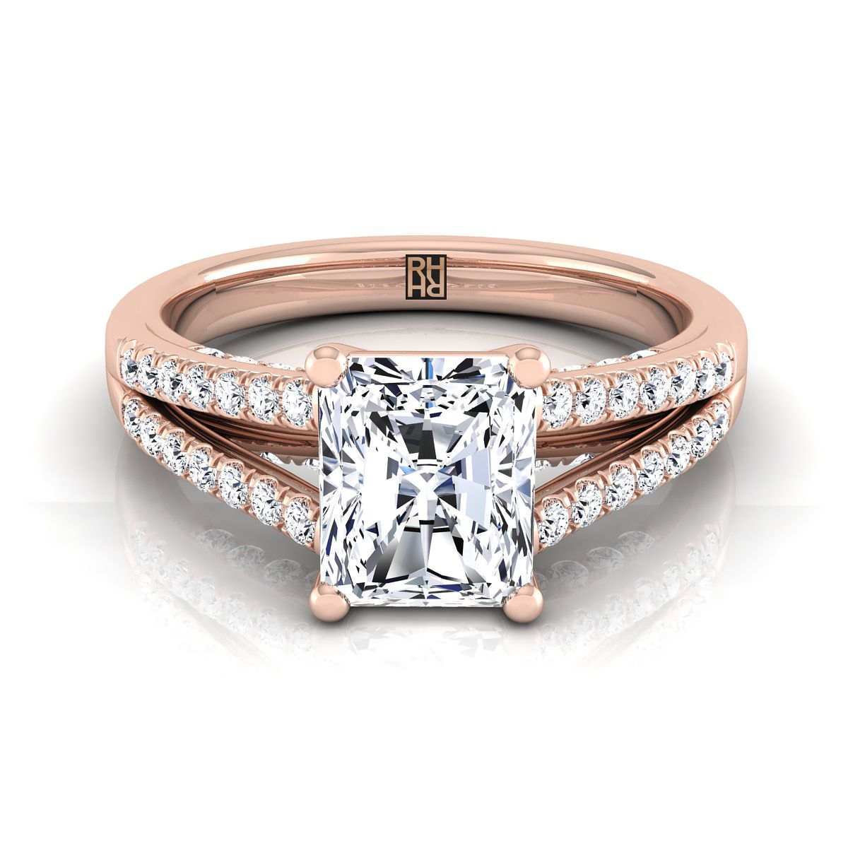 Split Shank French Pavé Radiant, in 14K Rose Gold, pave setting | RockHer