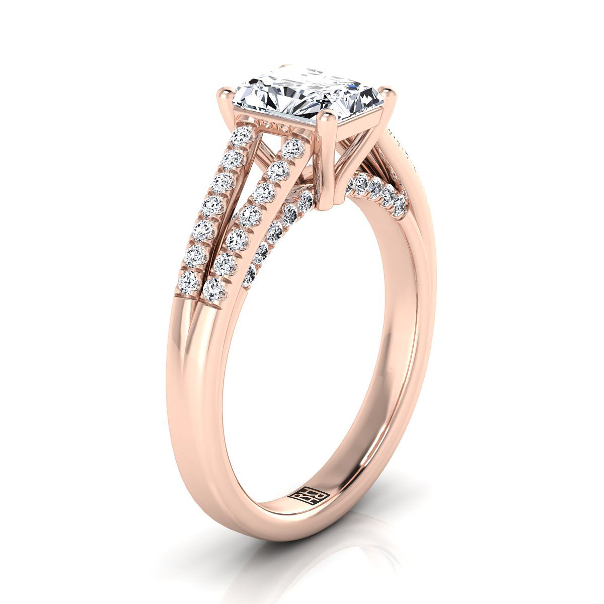 Split Shank French Pavé Radiant, in 14K Rose Gold, pave setting – side profile | RockHer