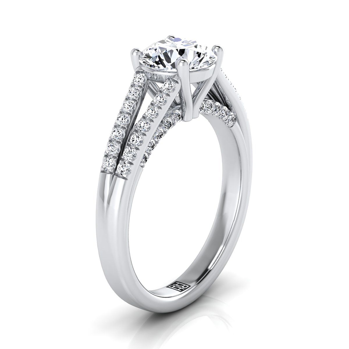 Round Brilliant, Split Shank French Pavé, in Platinum, pave setting – side profile | RockHer