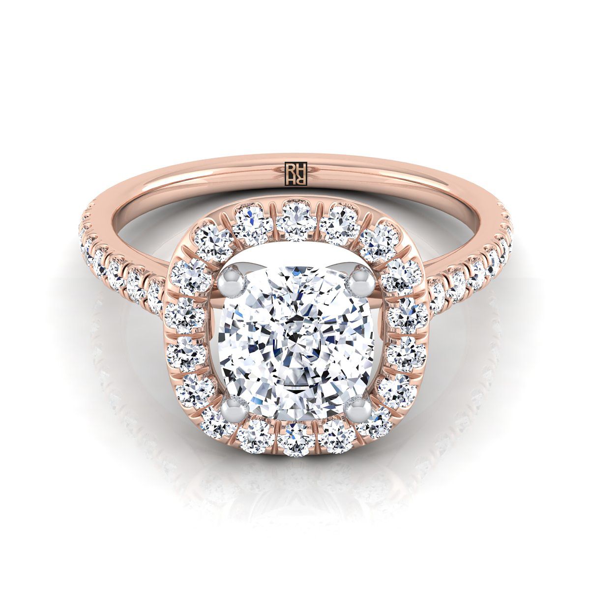 French Pavé Halo Frame Cushion, in 14K Rose Gold, pave setting | RockHer