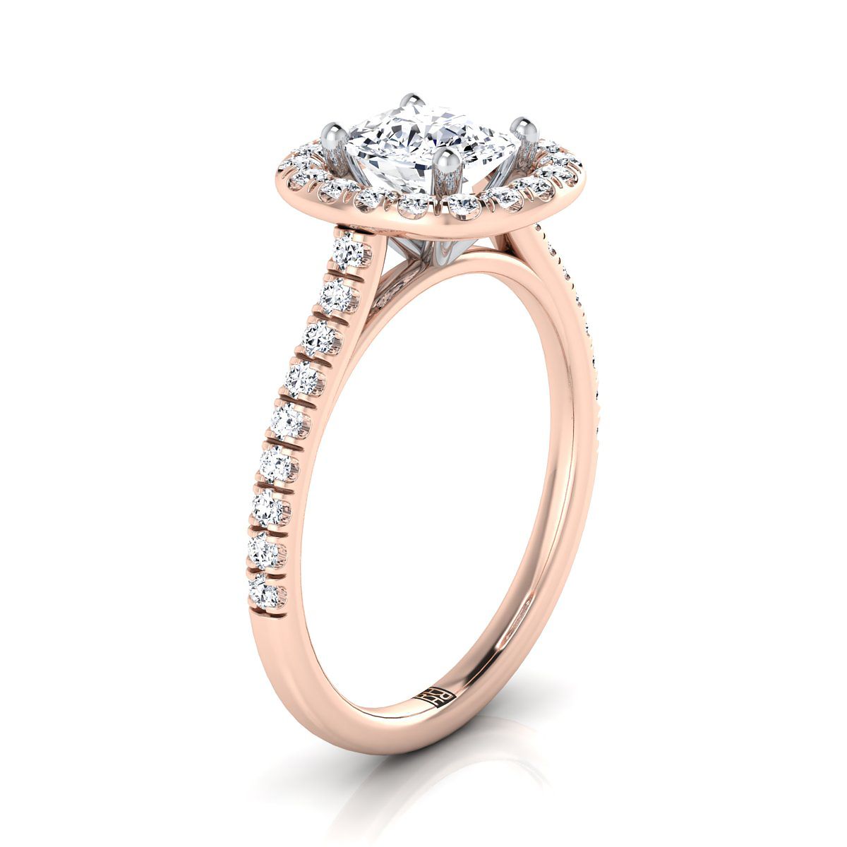 French Pavé Halo Frame Cushion, in 14K Rose Gold, pave setting – side profile | RockHer