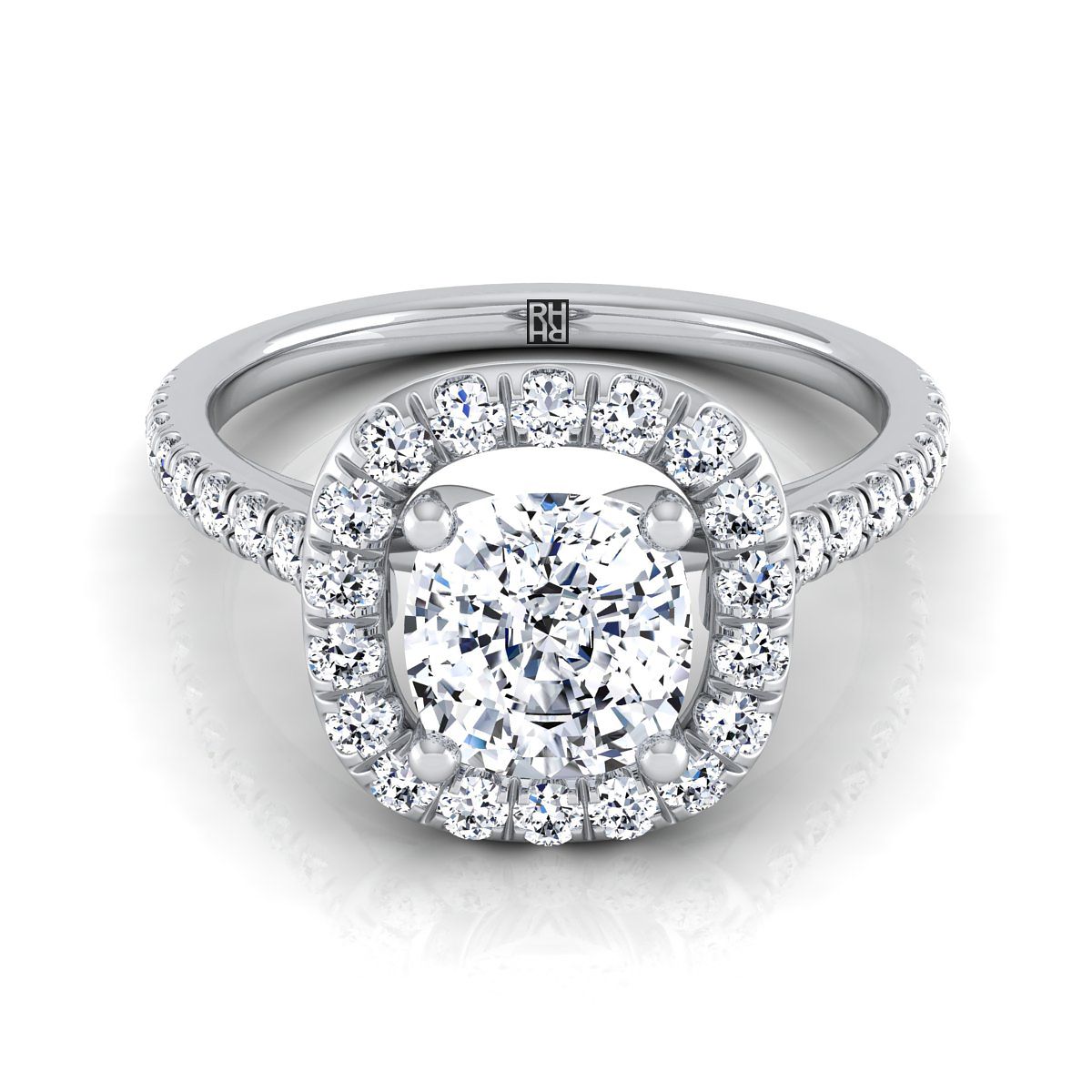 French Pavé Halo Frame Cushion, in Platinum, pave setting – view 8 | RockHer