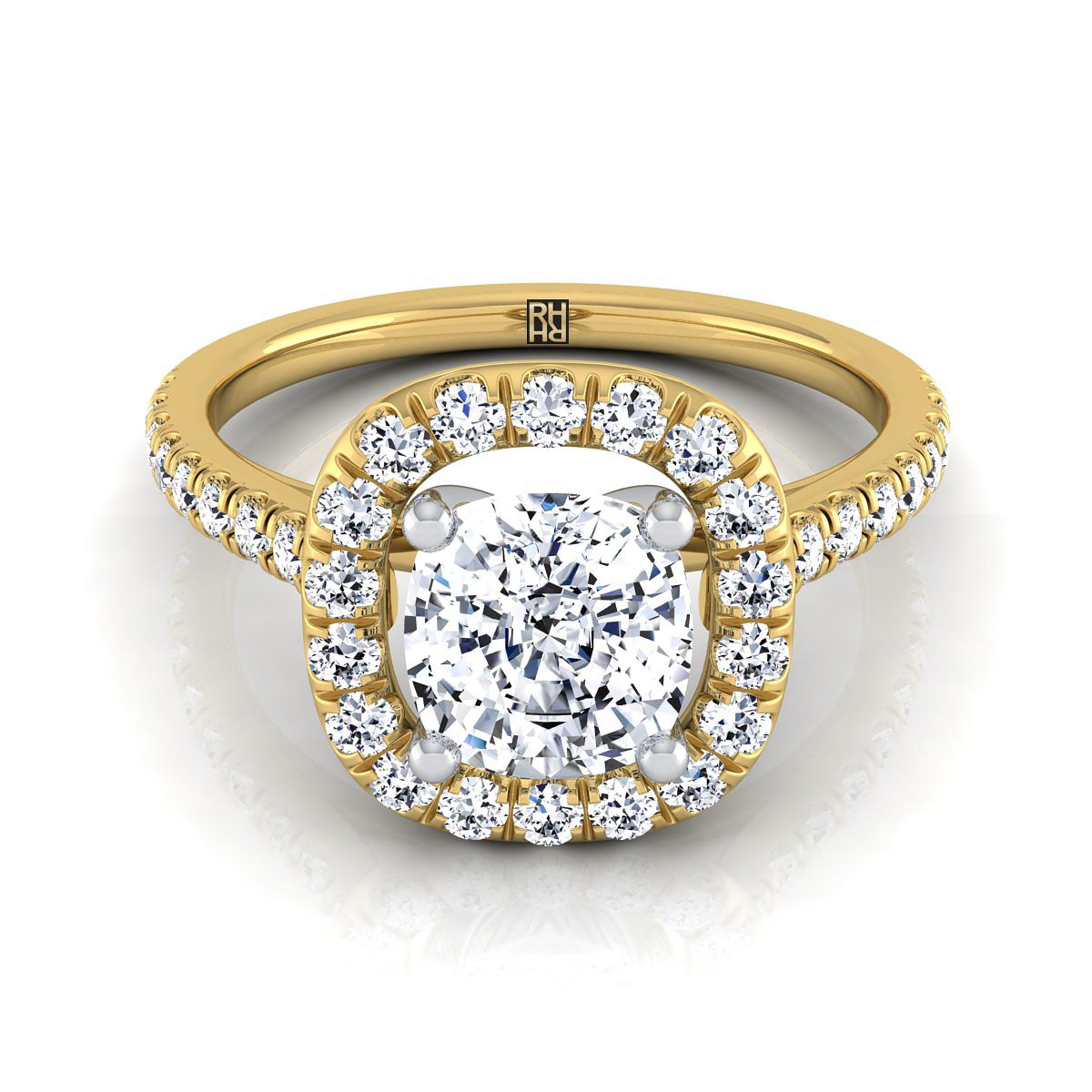 French Pavé Halo Frame Cushion, in 18K Yellow Gold, pave setting | RockHer