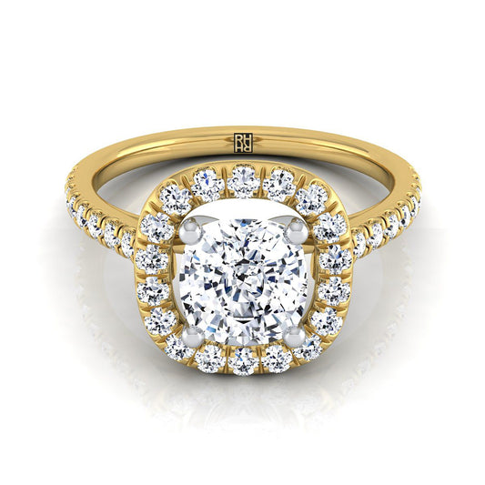 French Pavé Halo Frame Cushion, in 18K Yellow Gold, pave setting | RockHer