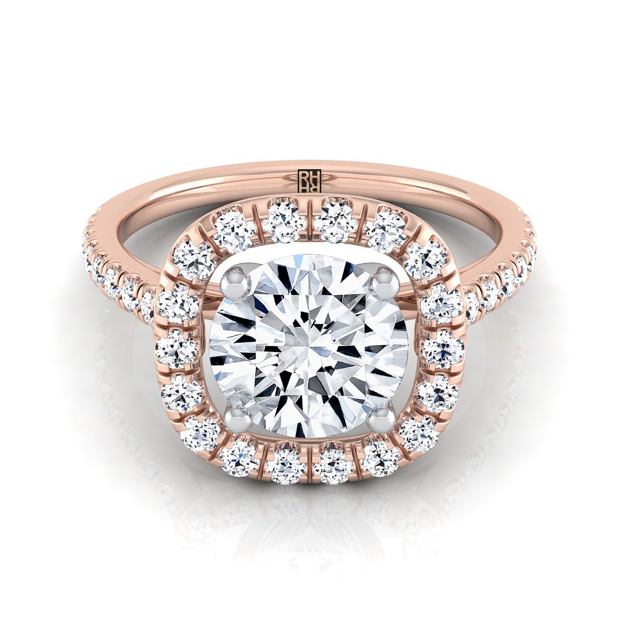Round Brilliant, French Pavé Halo Frame, in 14K Rose Gold, pave setting | RockHer