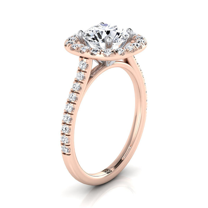 Round Brilliant, French Pavé Halo Frame, in 14K Rose Gold, pave setting – side profile | RockHer