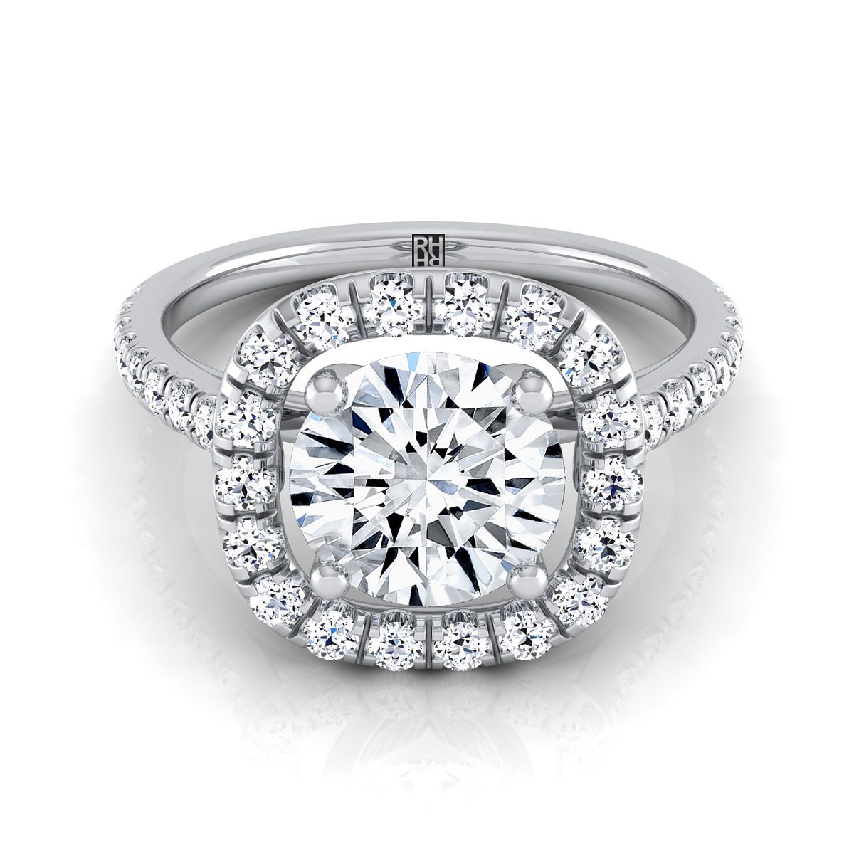 Round Brilliant, French Pavé Halo Frame, in Platinum, pave setting | RockHer