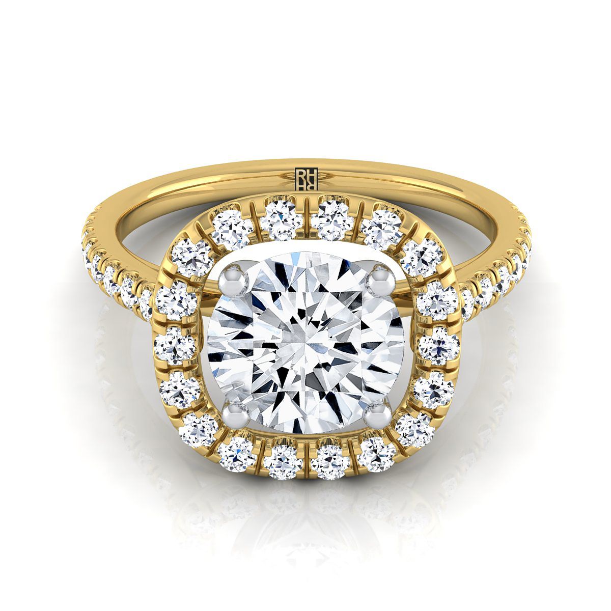 Round Brilliant, French Pavé Halo Frame, in 18K Yellow Gold, pave setting | RockHer