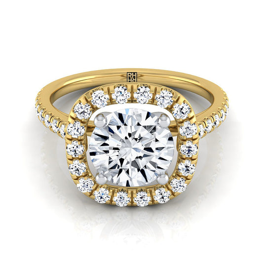 Round Brilliant, French Pavé Halo Frame, in 18K Yellow Gold, pave setting | RockHer