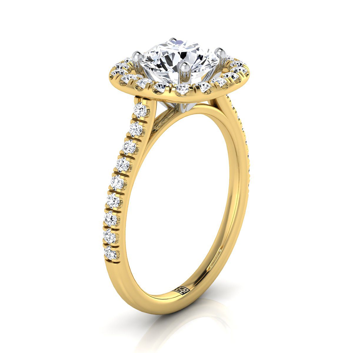 Round Brilliant, French Pavé Halo Frame, in 18K Yellow Gold, pave setting – side profile | RockHer