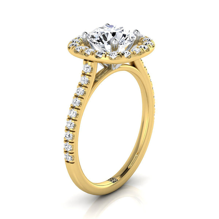 Round Brilliant, French Pavé Halo Frame, in 18K Yellow Gold, pave setting – side profile | RockHer