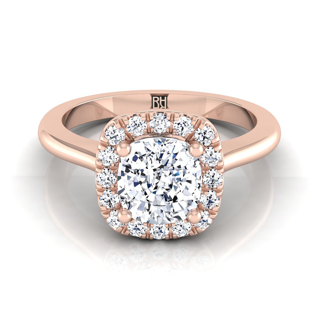 Classic French Pavé Halo Cushion, in 14K Rose Gold, pave setting | RockHer