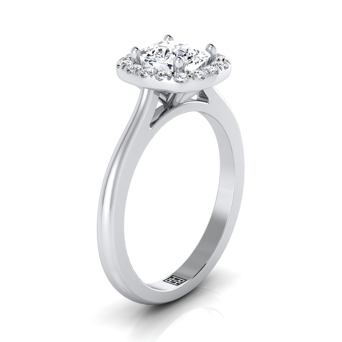 Classic French Pavé Halo Cushion, in Platinum, pave setting – side profile | RockHer