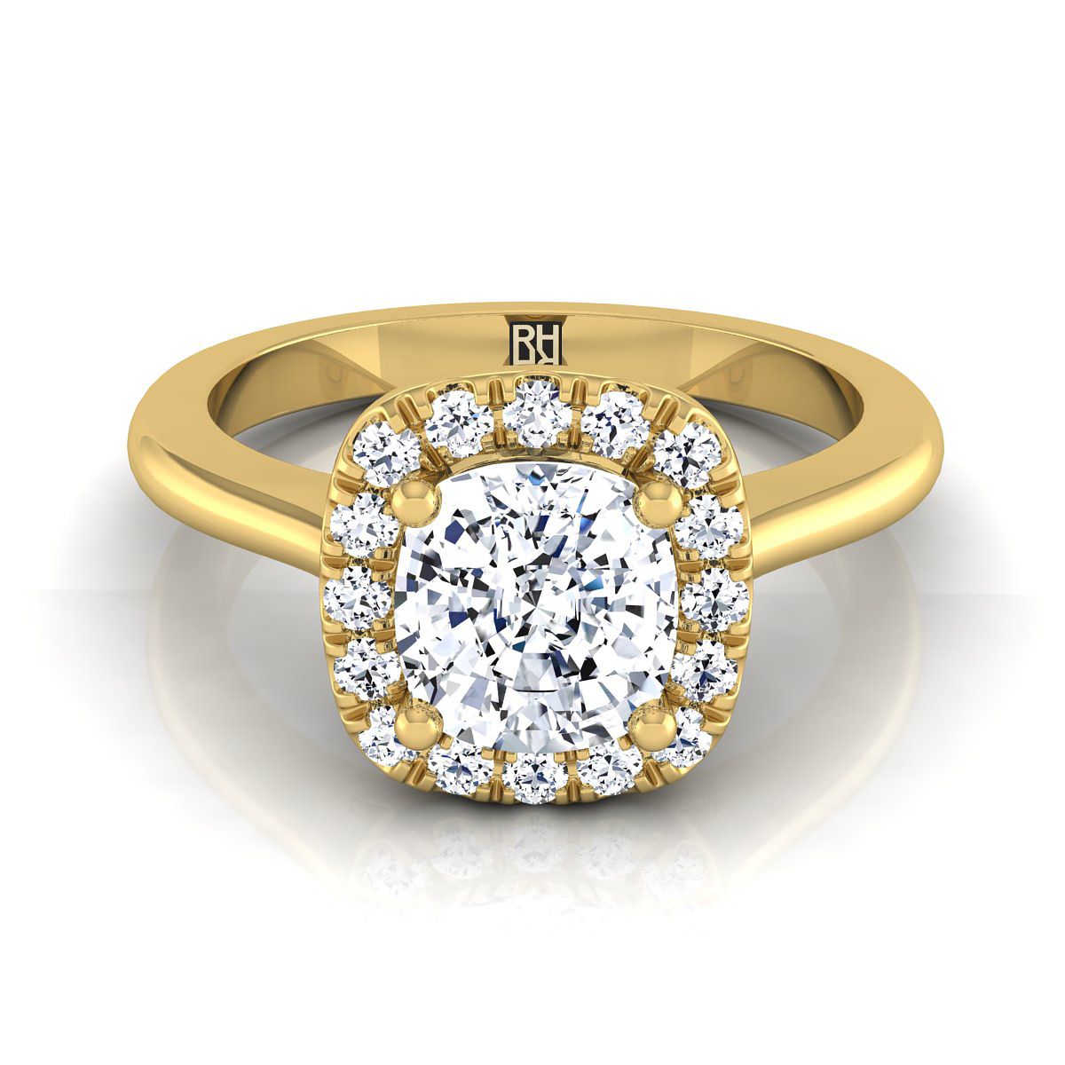 Classic French Pavé Halo Cushion, in 18K Yellow Gold, pave setting | RockHer