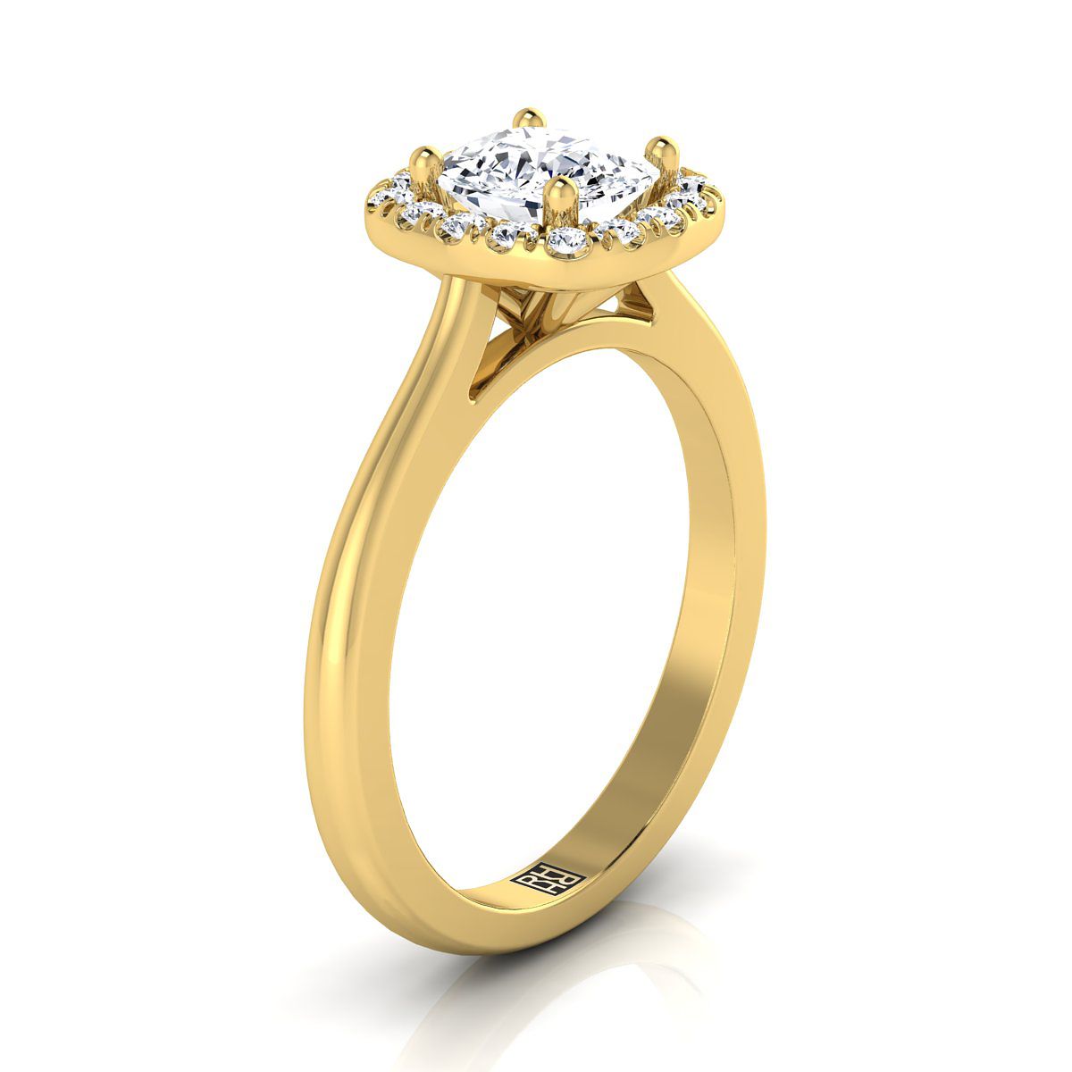 Classic French Pavé Halo Cushion, in 18K Yellow Gold, pave setting – side profile | RockHer