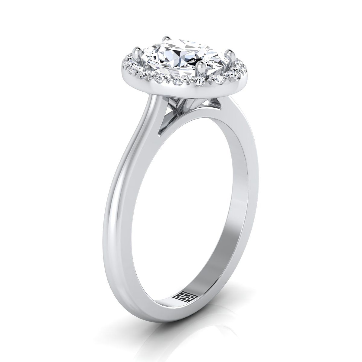 แหวนหมั้นเพชรทรงรีแบบคลาสสิกฮาโล่ทองคำขาว 14K ฝรั่งเศสปาเว่ - 1/4ctw