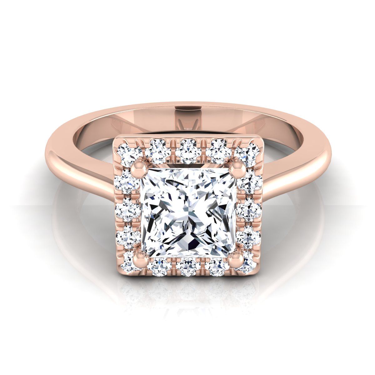 Classic French Pavé Halo Princess, in 14K Rose Gold, pave setting | RockHer